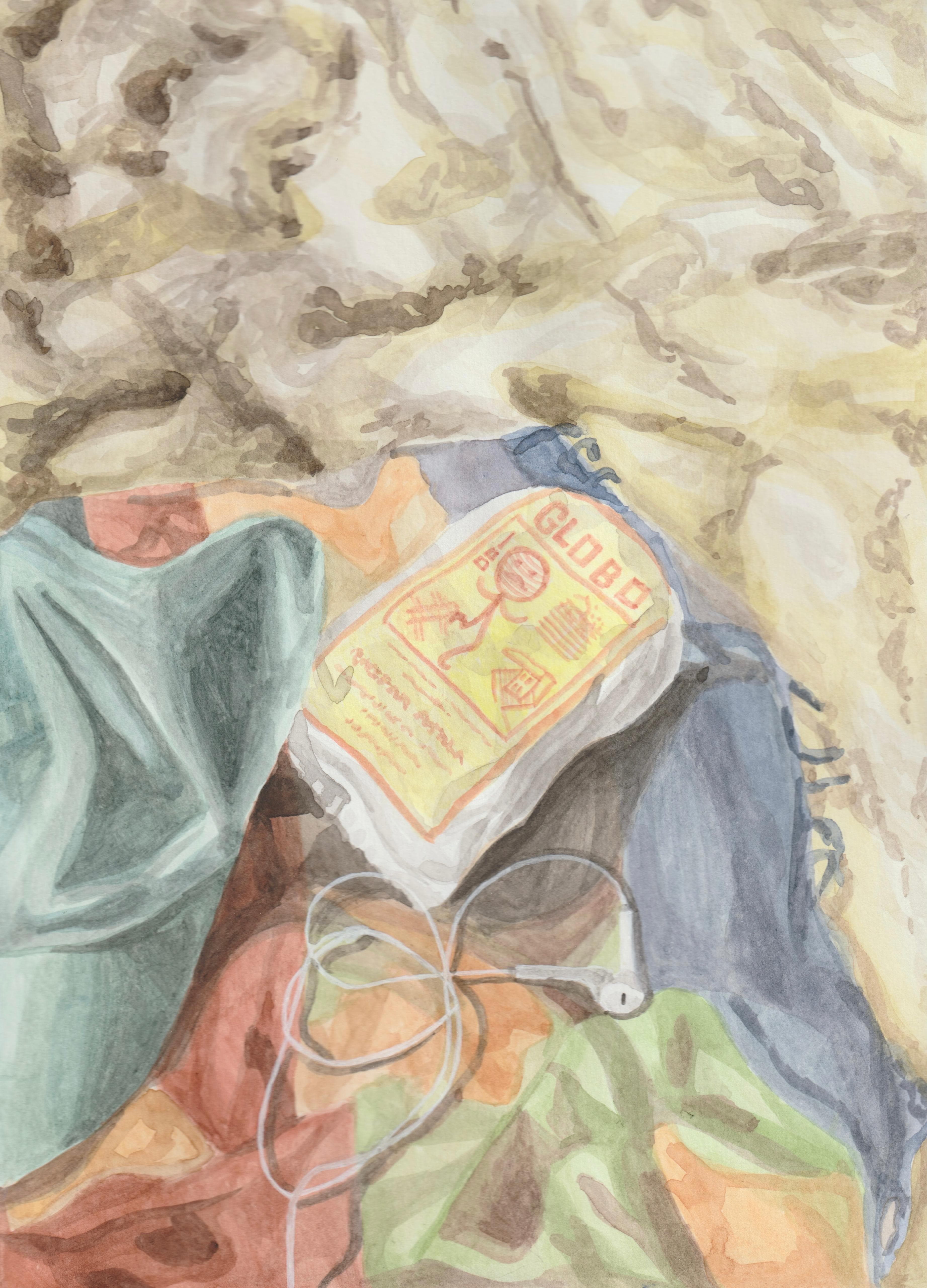 Aquarela de um biscoito Globo sobre uma canga na areia, ao lado de fones de ouvido